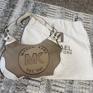Michael Kors Tan and White MK Emblem Shoulder Bag